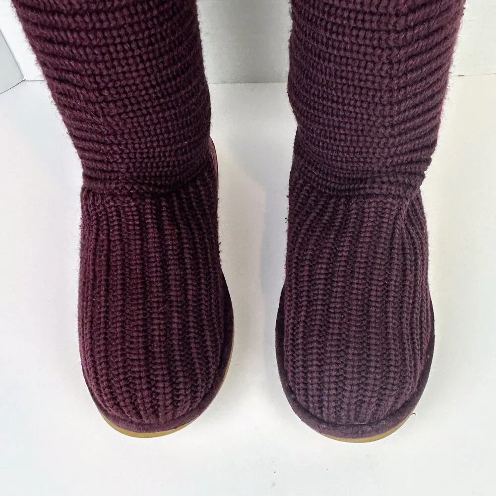 Ugg Classic Cardy Knit Boots Burgundy Convertible Tall or Mid Calf Button Shoe 7